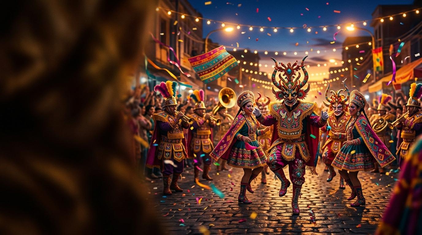 Diablada bailando de noche en una calle empedrada, con bandas de bronces, confeti y luces de fiesta