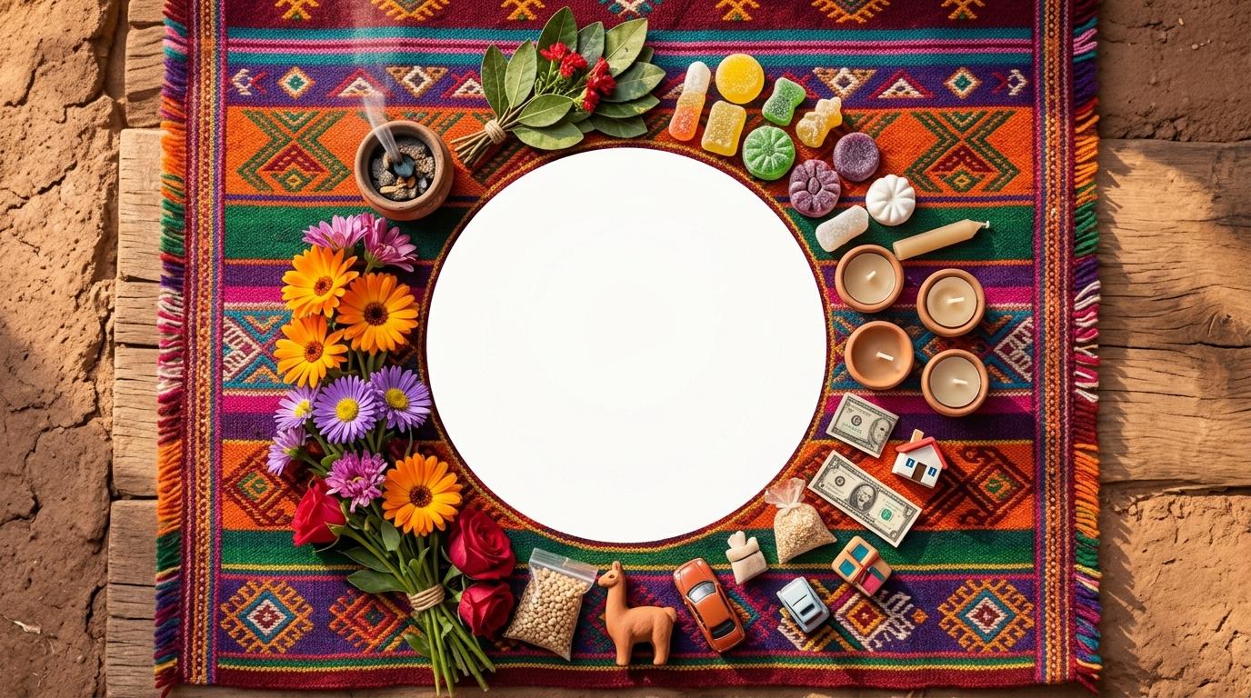 Mesa de ofrenda sobre un aguayo, con flores, dulces, velas, incienso y miniaturas